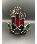 Vintage Stained Glass Christmas Holly &amp; Candles - $23.25