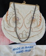 Vintage Hand MADE IN FRANCE Beaded Evening Bag WHITE &amp; GOLD mosaic - £26.05 GBP