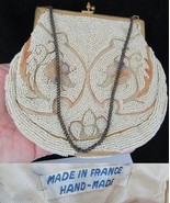 Vintage Hand MADE IN FRANCE Beaded Evening Bag WHITE &amp; GOLD mosaic - $34.99