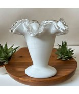 Vintage Fenton Silver Crest White Pedestal 4” Vase Ruffled Edge Milk Glass - $28.21