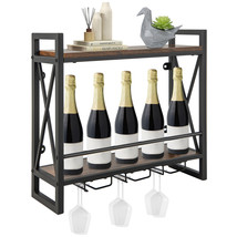 Wall Mounted Wine Rack Industrial 2-Tier Shelf with Glass Holders for Kitchen - £66.66 GBP