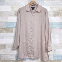 Tahari Linen Oversized Tunic Shirt Beige Side Slit Lagenlook Womens Medium - £31.48 GBP