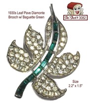 Vintage Pin Leaf Pave Diamonte 1930&#39;s Brooch w/ Baguette Green Stones - £31.86 GBP