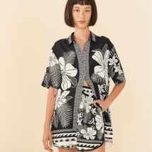Farm Rio Womens Medium Linen Macaw Elegance Top Black White Button Front NWT - £95.24 GBP