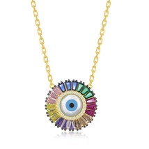 Sterling Silver Rainbow Baguette CZ Evil Eye Disc Necklace - Gold Plated - £65.30 GBP