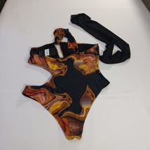 IconSwim Women's Yellowish Brown Slide Thru Swimsuit Black Marble Print Size 2XL image 4