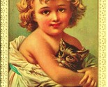 Christmas Greetings Adorable Child and Kitten Cat UNP Embossed Postcard ... - $6.88
