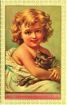 Christmas Greetings Adorable Child and Kitten Cat UNP Embossed Postcard Unused - £5.42 GBP