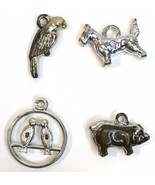 Vintage 4 pc Charm Lot Love Birds Parrot Dog Pig Silver Tone - $9.00