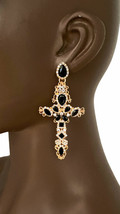 3.5&quot; Long Black Clear Rhinestones Cross Crucifix Earrings Gothic Costume... - £13.66 GBP