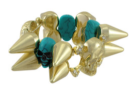 Zeckos Gold-tone Spiked Stretch Bracelet with Turquoise Skulls - £11.35 GBP