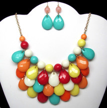 Bright Multicolor Teardrop Bubble Statement Bib Necklace Earrings Set - £9.38 GBP