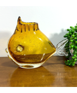 Amber Yellow Fish Vase Art Glass Hand Blown Clear Fish Sea Ocean Beach - £34.84 GBP