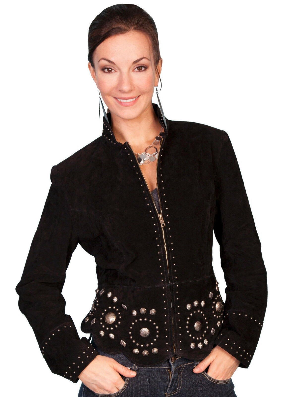 Western Style Black Suede Concho Studded Beads Genuine Leather Handmade Jacket