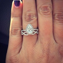 Pear Cut 2.55Ct Simulated Diamond Halo Wedding Ring Set 14K White Gold Size 6.5 - £244.02 GBP