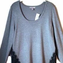 Roz &amp; Ali Fall Classic Gray Sweater w/Black Eyelash Lace Trim Pullover T... - $26.47