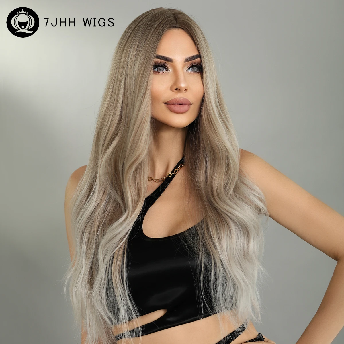 7JHH WIGS Highlight Wig Body Wave Ombre Platinum Blonde Wig with Bangs Synthet - £19.53 GBP+