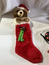 Vtg Christmas Xmas Stocking Teddy Bear in Santa Hat Red White Brown 19&quot; w bells - £14.01 GBP