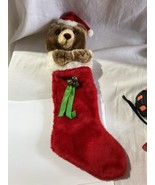 Vtg Christmas Xmas Stocking Teddy Bear in Santa Hat Red White Brown 19&quot; ... - $17.82