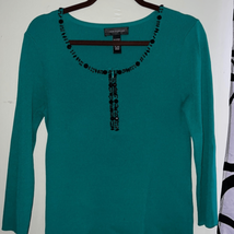 Cable &amp; Gauge,green w/black beading 3/4 sleeve stretch top,womens L - £9.22 GBP
