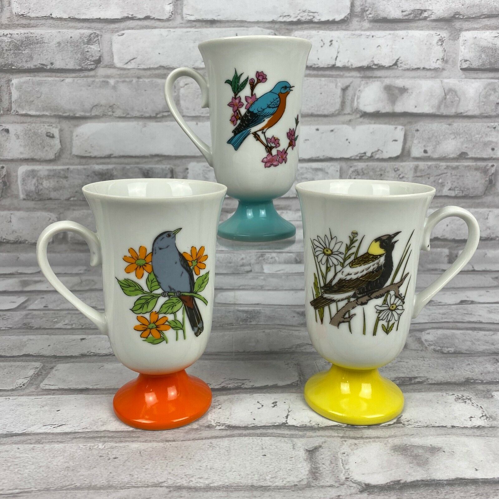 Primary image for 60s Vtg Set 3 Song Bird Pedestal Cups Mugs Fred Roberts MCM Japan 5-3/8"