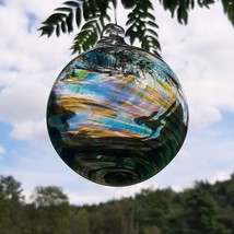 Hanging Glass Ball 4&quot; Diameter Clear With Yellow, Aqua, Purple Swirls #1 - £13.42 GBP