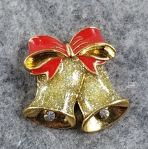 VTG Avon Christmas Glitter Gold Bell Red Bow Clear Rhinestones Enamel Brooch Pin - £7.90 GBP