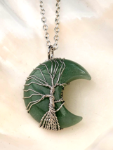 Jade Moon Pendant 20&quot; Necklace Crescent Wire Wrapped Tree Witchy Jewellery &amp; Box - £13.07 GBP