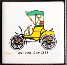 1960-70s Decorated Tile Trivet Winton Car 1898 Taiwan Cast Iron Vintage C88 - $24.99