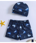 2PC Boys Cartoon Shark Casual STRETCH Swimming Trunks + Cap Sz 4-5 Y Blu... - £9.58 GBP