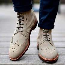 New Pure Handmade Beige Suede Leather Lace up Ankle Boots for Men&#39;s - £141.53 GBP