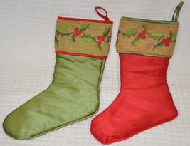 Pair Red Green Jute Band Christmas Stocking 20&quot; Holly Berries Embroidered Nwot - $13.37