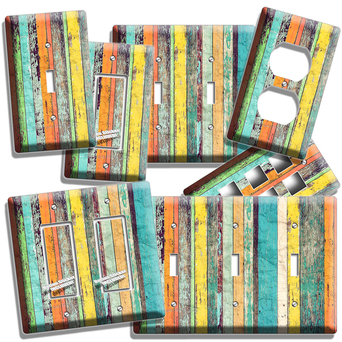 COLORFUL RUSTIC DISTRESSED PAINTED WOOD LIGHT SWITCH WALL OUTLET PLATE ART DECOR