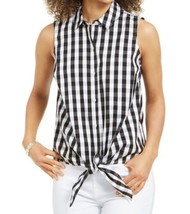 allbrand365 designer Womens Gingham Print Tie Hem Shirt, 6, Black Combo - $35.92
