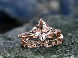 2.40Ct Princess Cut Morganite Wedding Bridal Ring set 14K Rose Gold Finish - £75.72 GBP