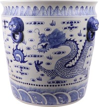 Planter Vase Dragon Lion Handle White Blue Porcelain - £535.35 GBP