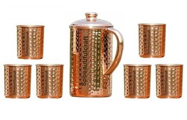 Handmade Copper Water Jug Hammered Pitcher Pot 6 Drinking Glass Health Benefits - £42.88 GBP