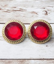Vintage Clip On Earrings Large Statement Red Faceted Gem with Gold Tone 1 &amp; 3/8&quot; - £11.98 GBP