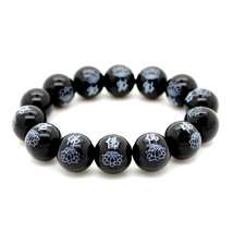 Black Agate Wrist Mala W Lotus 14mm Buddhist Prayer Bead Stone Stretch Bracelet - £7.14 GBP