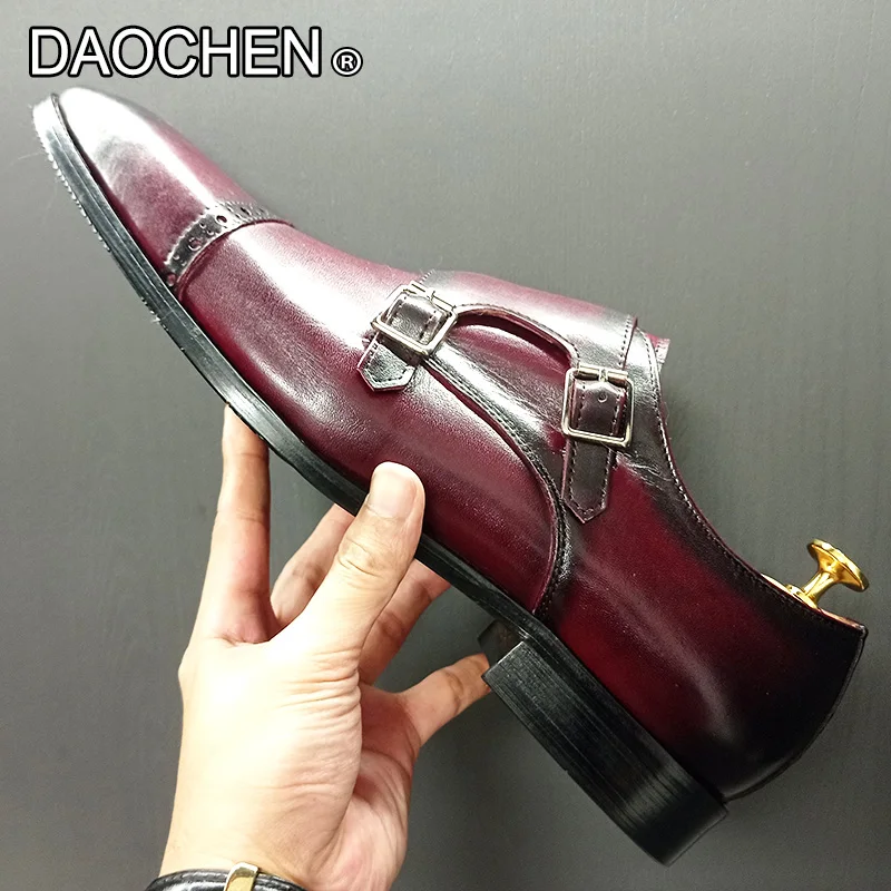 Mal shoes double monk strap shoe black burgundy leather loafers men shoes casual office thumb200