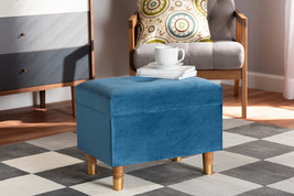 Raziel Sky Blue Velvet Fabric Upholstered and Oak Brown Storage Ottoman - $1,177.58 MXN