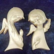 Angels Wall Hanging Plaques Gold 6&quot; Italy Mid Century Modern Praying Chr... - $21.67