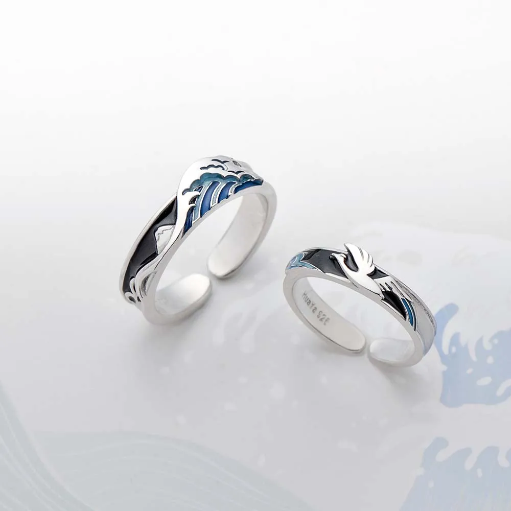 Flying Bird Wave Ring s925 Silver Blue Drop Oil 3D Wave Couple Rings for Women E - £55.82 GBP