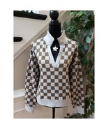 Ascot + Hart Sweater Womens Large Gray Brown Check Ribbed Sleeve V Neck ... - $92.07 CAD