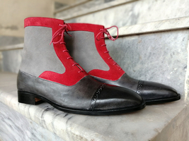Men Red Gray Black Rounded Cap Toe Suede Lace Up Derby Leather Ankle Boot US 7-1 - £140.72 GBP