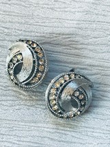 Vintage Trifari Signed Brushed Silvertone Swirl with Clear Rhinestones Clip Earr - £14.08 GBP