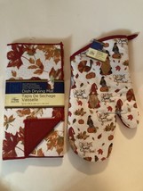 Christmas set kitchen 2 pc dish mat oven mitt gnome turkey pumpkin leaves - $15.99