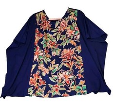 Bob Mackie Wearable Art Blue Floral Top Painterly Tunic Kimono Sleeve Sz 3X  - £31.75 GBP