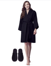 LOTUS LINEN Womens Waffle Bathrobe &amp; Slippers Lightweight Kimono XL Black - £32.04 GBP