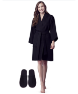 LOTUS LINEN Womens Waffle Bathrobe &amp; Slippers Lightweight Kimono XL Black - $747.34 MXN